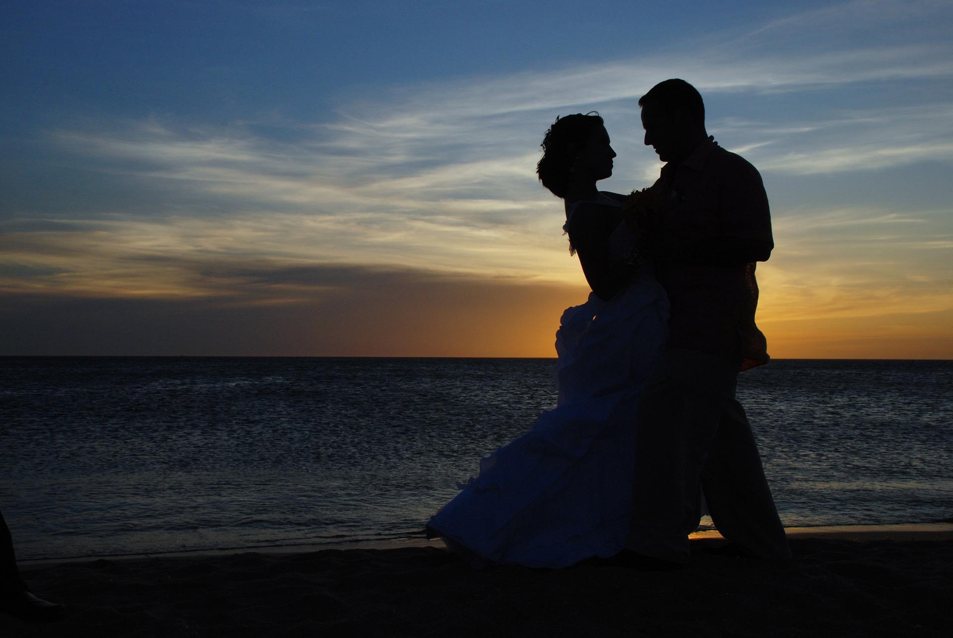 Cruise Ship Wedding: Bride and Groom on Beach at Sunset